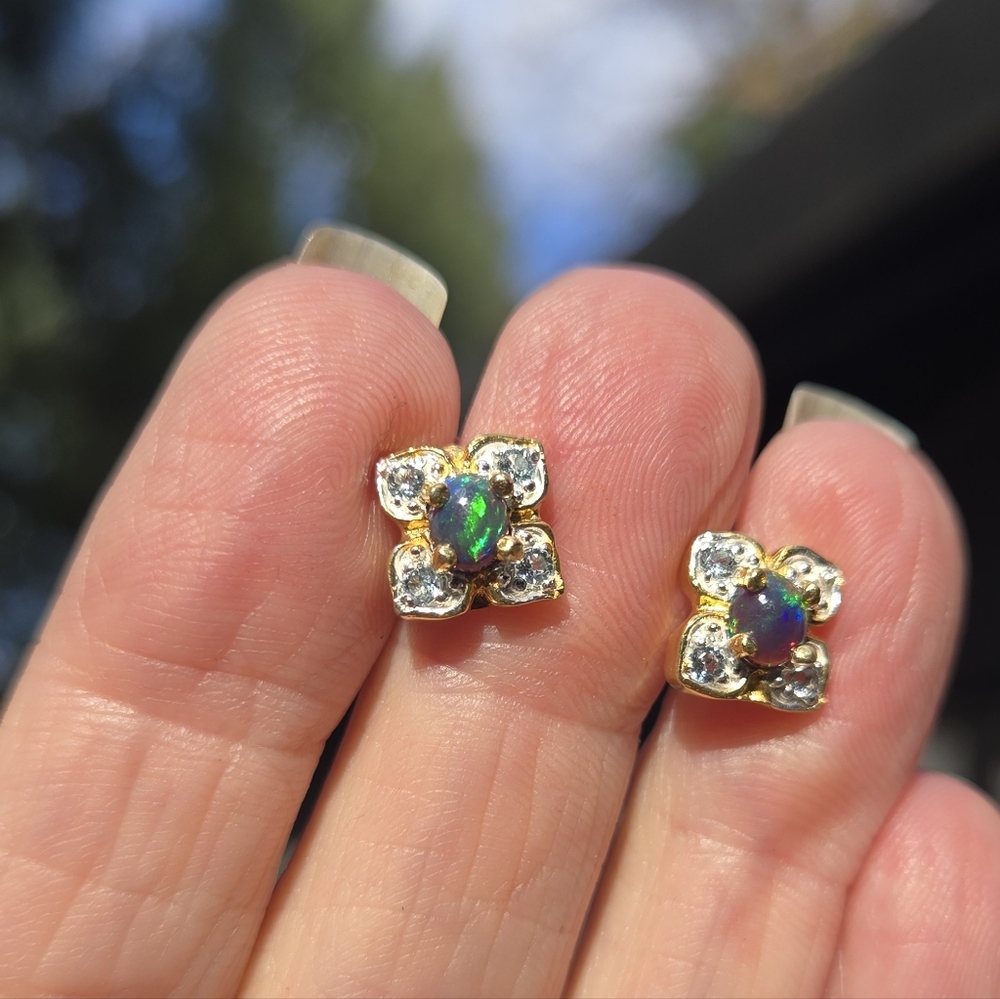 Black Opal & Topaz Natural Gemstone Sterling & Gold Earrings - Picture 4 of 10